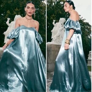 CAROLINE CONSTAS Slate Palmer Strapless Metallic Blue Dress size Extra Small